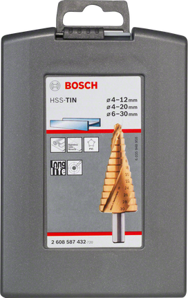 مجموعة رؤوس مثقاب متدرجة من الفولاذ عالي السرعة والتيتانيوم من Bosch ، مقاس 4-30 مم، في علبة.