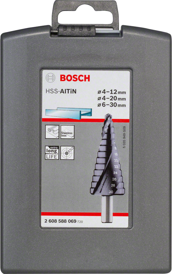مجموعة رؤوس مثقاب Bosch ثلاثية القطع من الفولاذ عالي السرعة HSS-AlTiN في علبة.