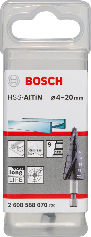 مثقاب Bosch HSS-AlTiN متدرج 4-20 مم للفولاذ المقاوم للصدأ.
