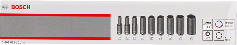 مجموعة مفاتيح ربط الصدمات الطويلة للغاية من Bosch، 9 قطع، 10-27 مم.