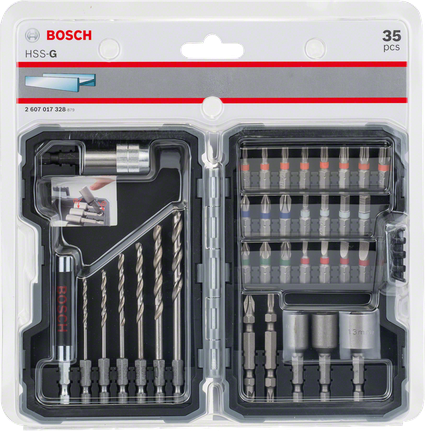 مجموعة مثقاب ومفك براغي HSS-G من Bosch مكونة من 35 قطعة.