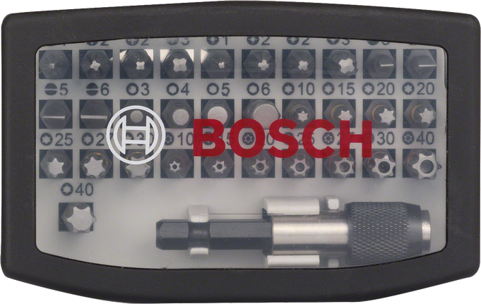 مجموعة رؤوس مفكات براغي Bosch مكونة من 31 قطعة مع حامل سريع.