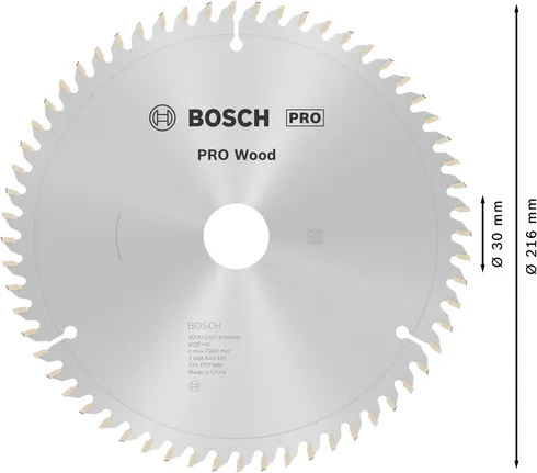 شفرة المنشار الدائري Bosch PRO Wood مقاس 216 مم T60 لقطع الخشب النظيف.