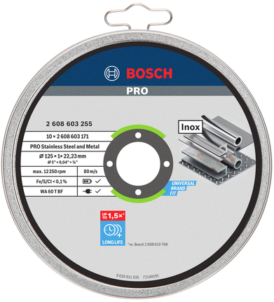 قرص القطع Bosch PRO 125×1×22.23 ملم من الفولاذ المقاوم للصدأ.