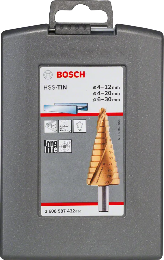 Bosch HSS-TiN step drill bit set 4-30mm in case.