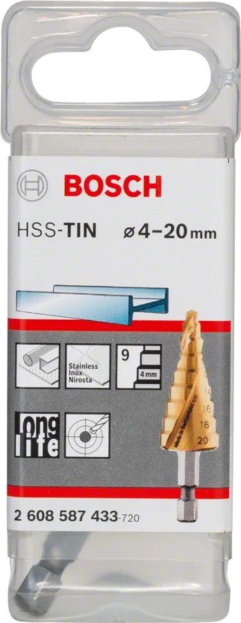 Bosch HSS-TiN step drill bit 4-20mm in retail packaging.