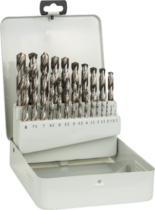 Bosch 25-piece HSS-G metal drill bit set in metal case.
