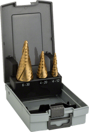 Bosch 3-piece HSS-TiN step drill bit set in case.