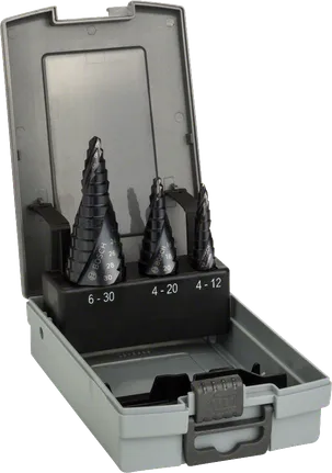 Bosch 3-piece HSS-AlTiN step drill bit set in case.