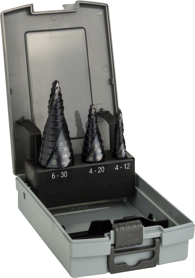 Bosch 3-piece HSS-AlTiN step drill bit set in case.