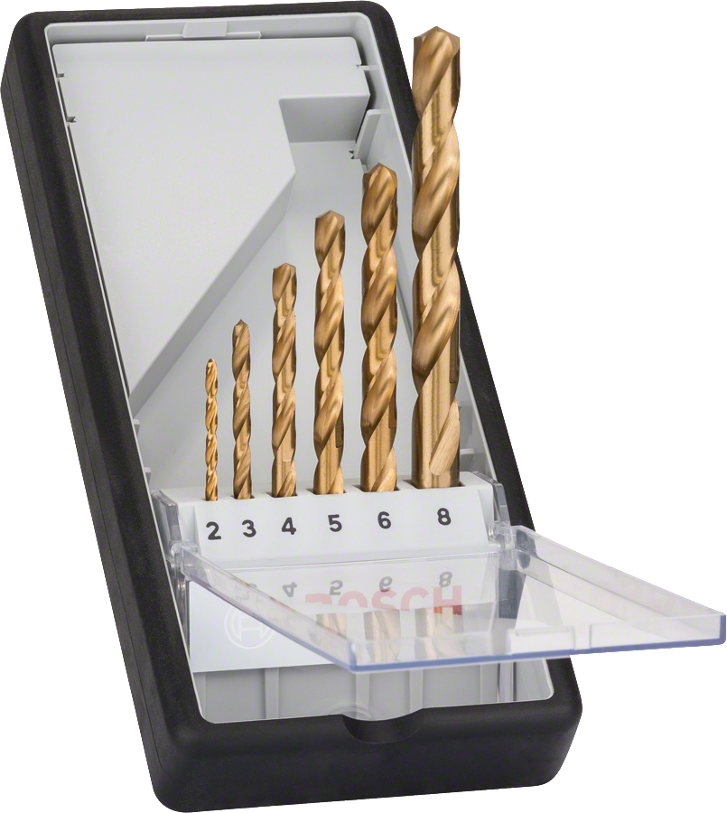 Bosch 6-piece Robust Line HSS-TiN metal drill bit set.