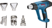 Bosch GHG 20-63 heat gun with five nozzle attachments.
