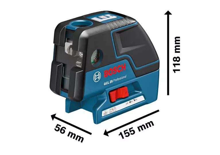 Bosch GCL 25 combi laser leveling tool with dimensions.