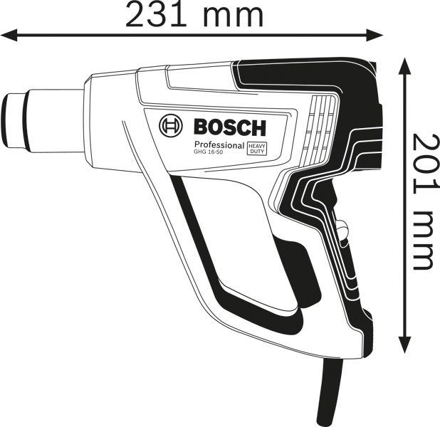 Heat gun dimensions.