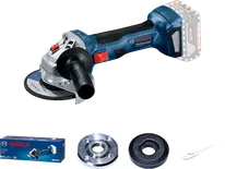 Bosch GWS 180-LI cordless angle grinder with accessories.