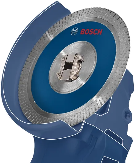 Close-up of a blue angle grinder with a circular saw blade attached.