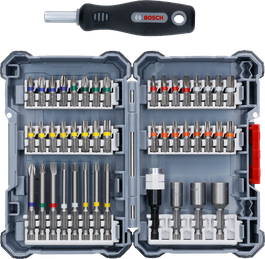 Bosch 32-piece screwdriver and drill bit set with case.