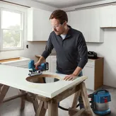 A person wearing safety equipment cuts a circular hole in a countertop with a cordless jigsaw.