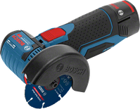 Bosch GWS 12V-76 cordless angle grinder with cutting discs.
