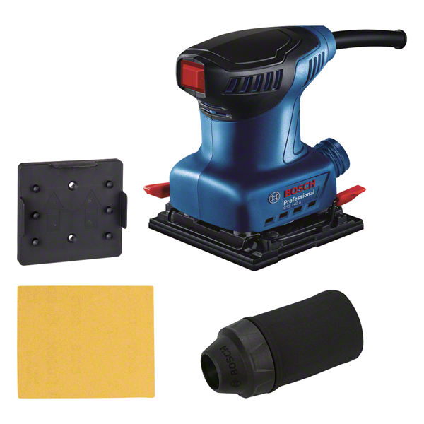 Bosch GSS 140 A sander with dust attachment and pad.
