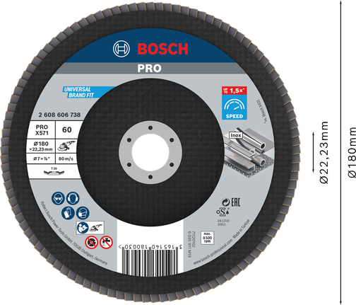 Bosch PRO X571 Flap Disc 180mm G60 for metal grinding.