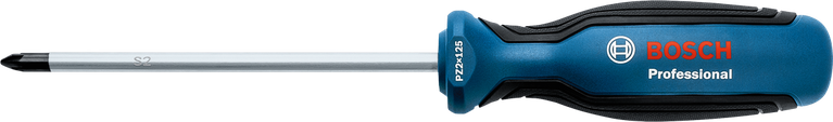 Blue-handled Phillips screwdriver with a long steel shaft.
