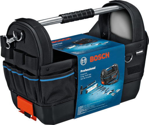 Black tool bag with multiple pockets and a sturdy handle, packaging displays included tools.