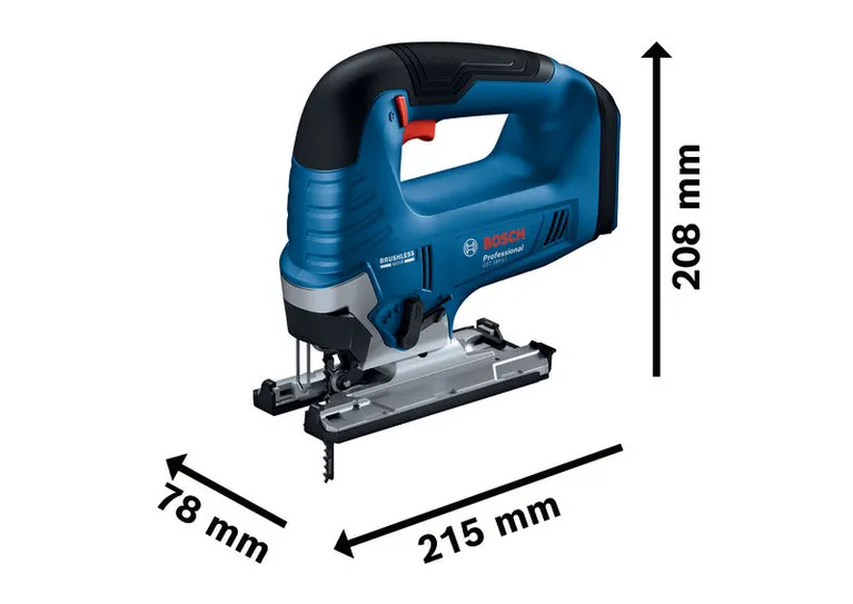 Bosch GST 185-LI cordless jigsaw with bow handle and dimensions.