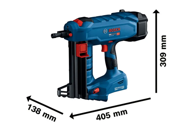 Bosch GNB 18V-38 cordless concrete nailer with dimensions.