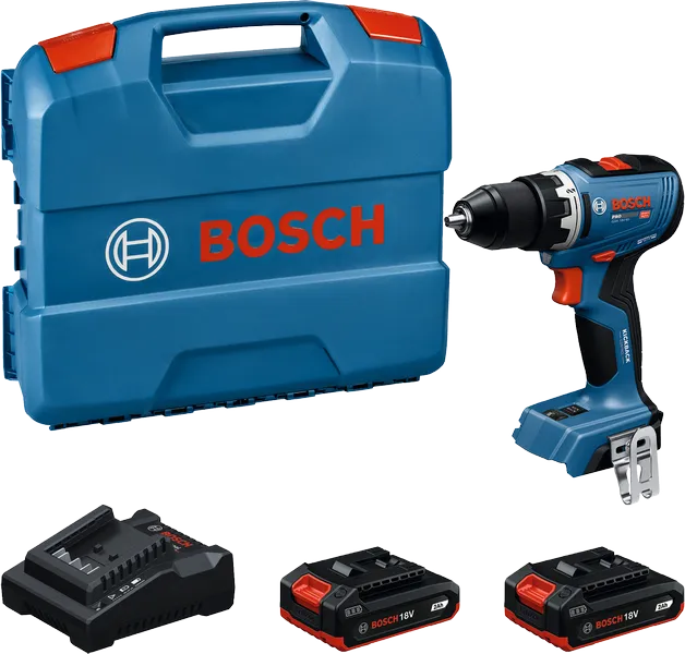 Bosch GSR 18V-65 cordless drill set with batteries and case.