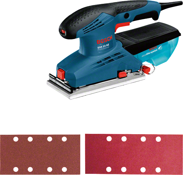 ماكينة الصنفرة المدارية Bosch GSS 23 AE مع أوراق الصنفرة.