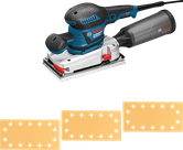 ماكينة صنفرة صفائح Bosch GSS 280 AVE مع صندوق غبار وصفائح صنفرة.