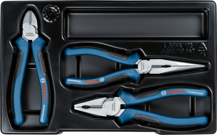 طقم كماشة Bosch مكون من 3 قطع في علبة بلاستيكية.