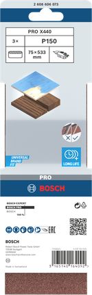 حزام صنفرة Bosch PRO X440 مقاس 75×533 مم G150، 3 قطع.