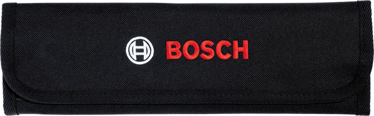 مجموعة مفاتيح ربط Bosch في حقيبة قماشية سوداء مغلقة.