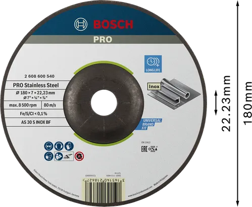 قرص الطحن Bosch PRO المصنوع من الفولاذ المقاوم للصدأ 180 × 6 × 22.23 ملم.