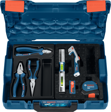 طقم أدوات يدوية من Bosch يتضمن كماشة وميزان وشريط قياس.