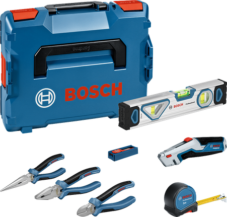 مجموعة أدوات يدوية متنوعة من Bosch مكونة من 16 قطعة، تتضمن كماشة وحافظة.
