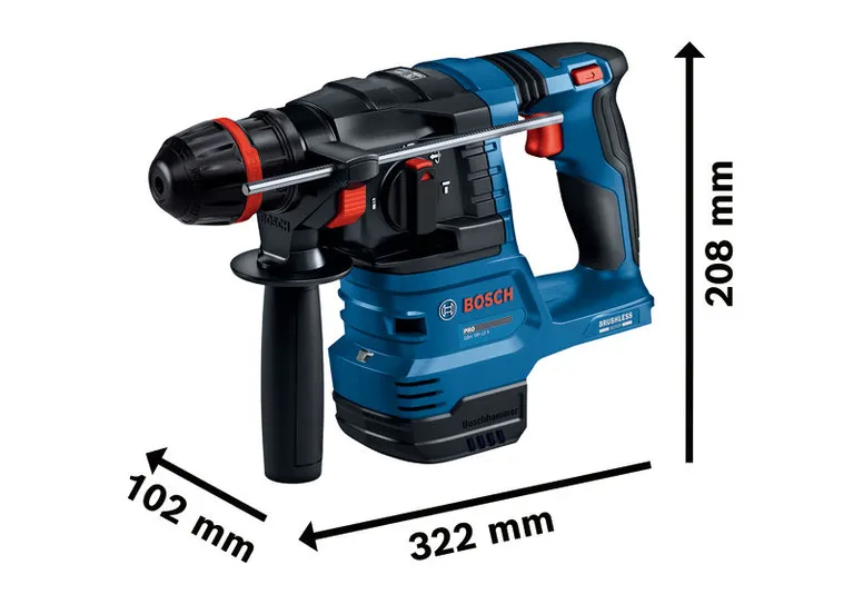 مطرقة دوارة لاسلكية من Bosch GBH 18V-22 X مع ONECHUCK، الأبعاد موضحة.