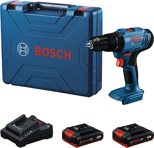 مجموعة مثقاب لاسلكي Bosch GSB 18V-45 مع بطاريات وشاحن.