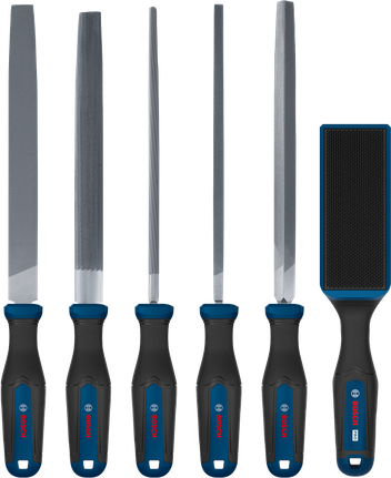 مجموعة مبارد Bosch 5 قطع بالإضافة إلى فرشاة مبارد احترافية بمقابض متعددة المكونات.