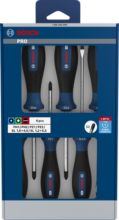 مجموعة مفكات براغي Bosch برو PH/PZ/SL مكونة من 6 قطع مع أعمدة S2.