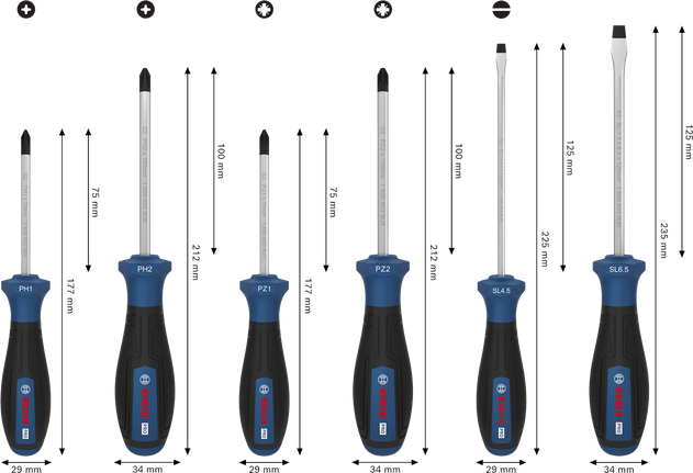 مجموعة مفكات براغي Bosch برو PH/PZ/SL، 6 قطع بمقابض مرمزة بالألوان.