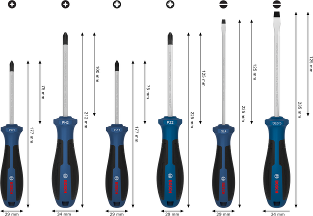 مجموعة مفكات براغي Bosch PH/PZ/SL، 6 قطع بأعمدة من الكروم والفاناديوم.