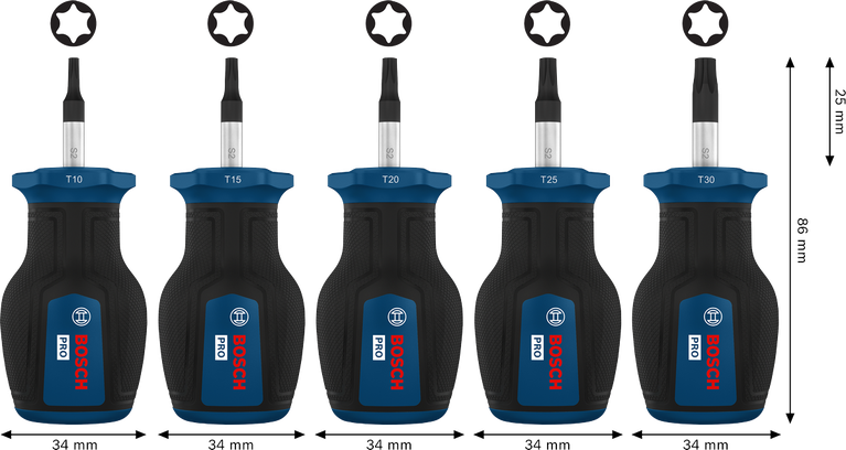 مجموعة مفكات Bosch برو القصيرة TX، 5 قطع، أعمدة S2.