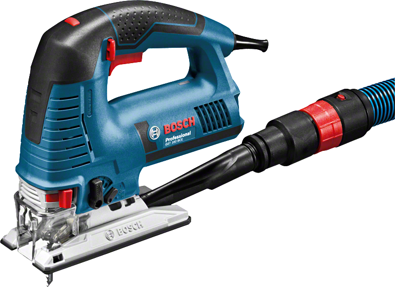 Electric jigsaw connected to a dust extraction hose for cleaner cutting tasks.
