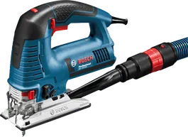 Electric jigsaw connected to a dust extraction hose for cleaner cutting tasks.