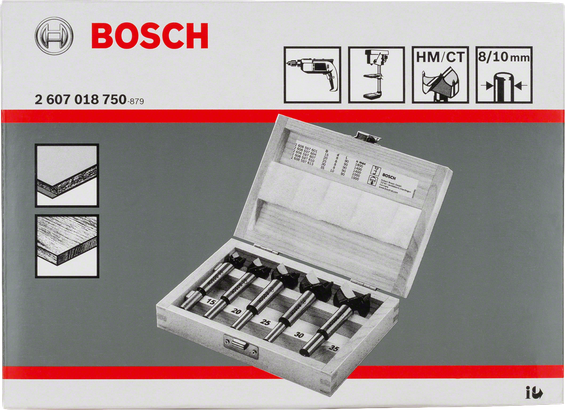 Bosch 5-piece tungsten carbide hinge cutting bit set 15–35 mm.