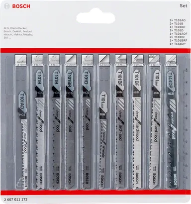 Bosch 10-piece T-Shank jigsaw blade set.