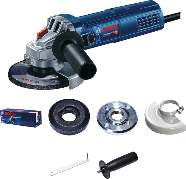 Bosch GWS9-125 angle grinder with accessories.